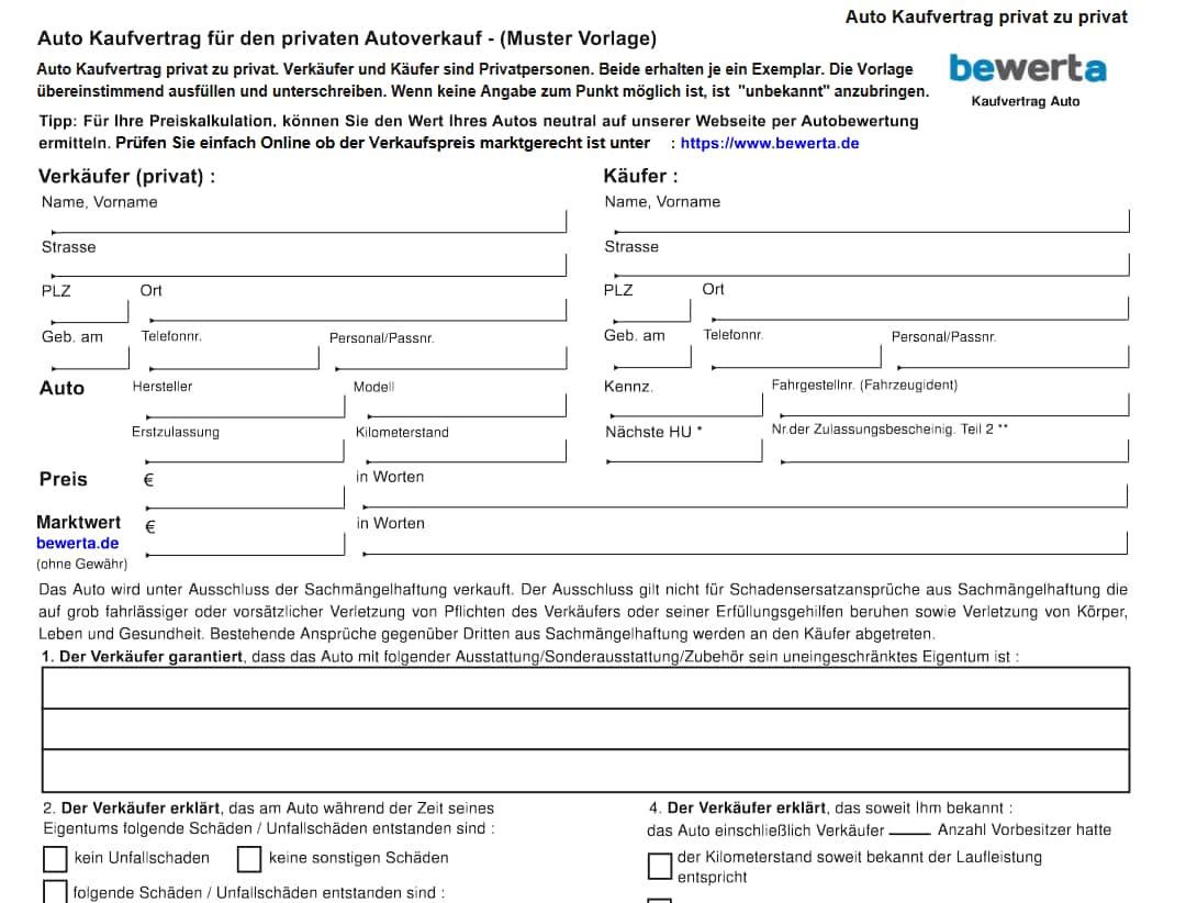 Auto Kaufvertrag für privaten Verkauf